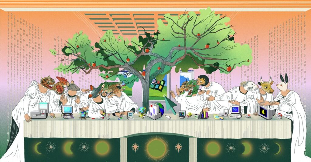 Twelve characters inspired by the twelve Chinese Zodiac animals are all gathered around a long square table. The characters each have a human like body, but their heads each represent different zodiac animals. On the table are various tools and machines related tp technology – like computers, hardrives, files, data charts, files and keyboards. The characters all seem to be engaging in conversation with one another. Behind the table is an apple tree, with red apples amongst the green leaves on the branches. The room's walls are gradient orange, pink, purple to green and there is a series of 01 lining the walls - representing binary code. At the back of the room there is a 'window' which is shaped like a traditiona; 'window' tab on a computer. Inside the window is the classic computer desktop depicting a green field and blue sky with clouds. In the centre of the window is an old style Microsoft logo.